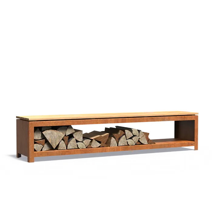 Range-bûches banc acier corten LOGG SEAT – 2000 x 400 x 424 mm