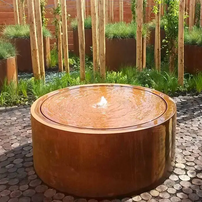Wasserbrunnen Rund Cortenstahl mit Beleuchtung